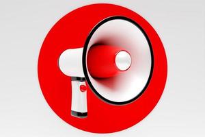 haut-parleur en verre de dessin animé rouge sur un fond monochrome blanc. Illustration 3D d'un mégaphone. symbole publicitaire, concept de promotion. photo