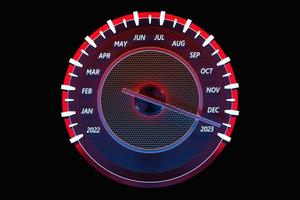 illustration 3d close up compteur de vitesse noir avec coupures 2022,2023 et mois calendaires. photo