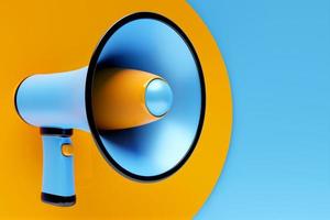 haut-parleur en verre de dessin animé bleu et jaune sur fond monochrome. Illustration 3D d'un mégaphone. symbole publicitaire, concept de promotion.