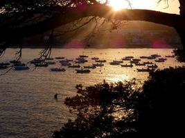 rétro-éclairage de bateaux de sport au mouillage dans une baie photo