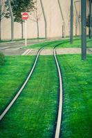 rails de tramway recouverts d'herbe verte photo