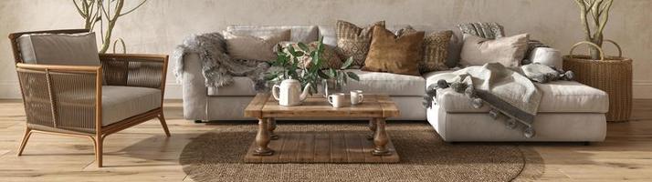 intérieur de salon beige de style ferme scandinave avec des meubles en bois naturel. fond de bannière web. illustration de rendu 3d. photo