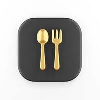 icône de cuillère et fourchette dorée en style cartoon. Bouton carré noir de rendu 3d, élément d'interface ui ux. photo