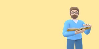 personnage de fan de littérature un jeune homme avec une barbe à lunettes tient des livres dans ses mains. gens de dessin animé drôles et abstraits isolés sur fond jaune. rendu 3d. photo