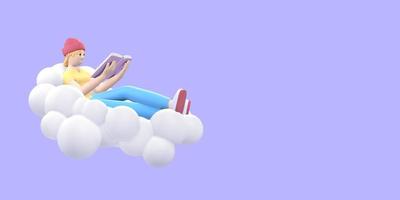 fan de littérature jeune fille hipster dans un chapeau dans le ciel sur un nuage lit un livre. gens de dessin animé drôles et abstraits sur fond violet. rendu 3d. photo