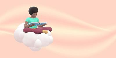 fan de littérature une jeune fille africaine dans le ciel sur un nuage lit un livre. gens de dessin animé drôles et abstraits sur beige. rendu 3d. photo