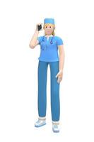 caractère médical jeune femme médecin blanche en costume parlant au téléphone, accepte un appel. personne de dessin animé isolée sur fond blanc. rendu 3d. photo