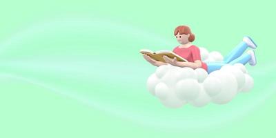 fan de littérature une jeune fille dans le ciel sur un nuage lit un livre. gens de dessin animé drôles et abstraits sur fond vert. rendu 3d. photo