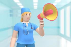 femme médecin à l'hôpital intérieur médical crie, crie, parle mégaphone, attention, avertissement. personnage de dessin animé. rendu 3d. photo