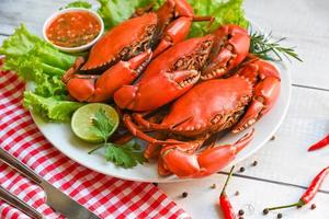 assiette de fruits de mer aux herbes épices romarin salade de citron vert laitue légume, crabe frais sur assiette blanche et sauce aux fruits de mer, crabe cuisson des aliments bouillis ou cuits à la vapeur crabe rouge au restaurant - vue de dessus photo