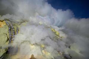 Mine de soufre à l'intérieur du cratère du volcan Ijen, East Java, Indonésie photo