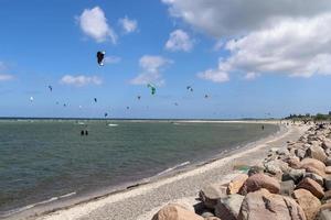 beaucoup d'activité de kite surf sur la plage de laboe en allemagne par une journée ensoleillée. photo