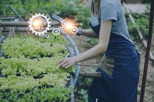 un homme d'affaires futuriste cultive des légumes et des cultures à l'aide de la technologie ai moderne utilisant des téléphones portables, des capteurs de température et d'humidité, le suivi de l'eau, le contrôle du climat, des icônes de données de données holographiques. photo