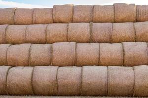 énorme tas de paille de balles de foin sur les champs récoltés. litière pour bovins photo