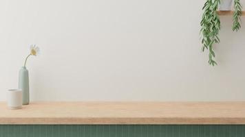 fond de maquette de comptoir minimal dans le style japonais avec comptoir vert en bois et mur blanc chaud. intérieur de la cuisine. photo