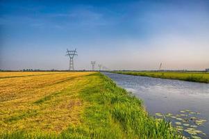 paysage hollandais avec un canal et des champs d'herbe avec reflet miroir photo