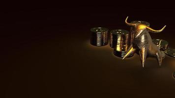 taureau or et pièces d'or rendu 3d dans un ton sombre pour le contenu de l'entreprise. photo