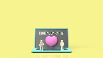 foyer rose et figure d'homme en bois debout sur un ordinateur portable pour le rendu 3d du contenu d'empathie numérique photo