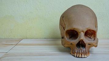 crâne humain sur table en bois pour contenu scientifique ou médical. photo