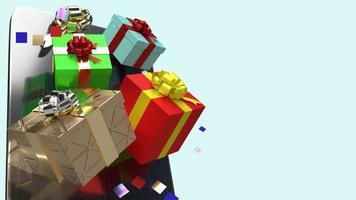 tablette et boîte-cadeau rendu 3d pour les achats en ligne ou le concept de célébration. photo