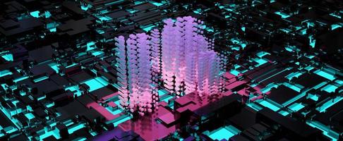 gratte-ciel cyber néon sur fond de ville virtuelle. bâtiment numérique violet au centre rendu 3d de l'intersection de la rue rougeoyante futuriste. serveur web qui traite les données dans l'espace en ligne