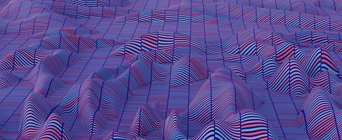 fond de collines de vagues abstraites numériques. montagnes futuristes synthwave sur la surface maillée rendu 3d avec distorsion. textures ondulées bleues avec des rayures violettes et des cyber-courbes dynamiques photo