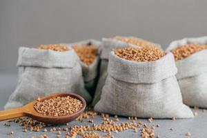 concept de régime et de nutrition. sarrasin brun récolté dans des sacs, isolé sur fond gris. céréales sèches prêtes à cuire