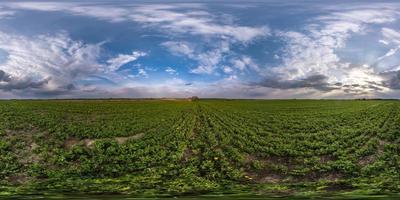 panorama hdri sphérique complet et harmonieux vue à 360 degrés sur parmi les champs le soir du printemps avec des nuages impressionnants en projection équirectangulaire, prêt pour le contenu de réalité virtuelle vr ar photo