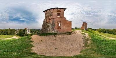 panorama hdri sphérique harmonieux vue à 360 degrés sur une pente élevée près du mur du château en ruine du grand-duché de lituanie surplombant le village depuis la projection équirectangulaire de la montagne, pour le contenu vr photo