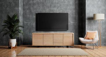 Tv au-dessus d'un meuble en bois dans une pièce vide moderne avec une chaise, un tapis de plantes et une lampe sur un sol en bois. architecture et concept d'intérieur. rendu 3d