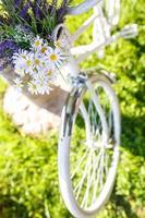 un bouquet de marguerites sur une roue de bicyclette photo