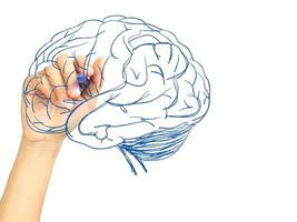 main avec stylo dessin cerveau pensant sur tableau blanc