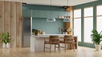 conception d'angle de salle de cuisine de luxe avec mur vert foncé. photo