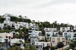 beau paysage pittoresque avec de petits bâtiments sur la montagne avec des palmiers. station balnéaire aux paysages exotiques. point de repère populaire, célèbre destination de bodrum, turquie. photo