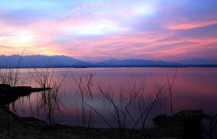 coucher de soleil silhouette arbre sur le lac photo