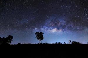 un homme a pointé du doigt un météore et une galaxie de la voie lactée sur un ciel nocturne, une photographie à longue exposition, avec du grain photo