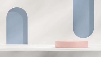 Modèle de rendu 3d du podium rose pastel en paysage avec fond blanc et trou de porte bleu photo