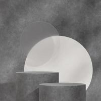 podium en béton gris maquette de rendu 3d en carré avec cercle blanc et toile de fond en verre photo