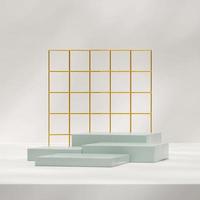 Modèle de maquette de rendu 3d de podium vert en carré avec toile de fond dorée et ombre du soleil photo