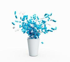 gomme bleue et blanche s'échappant d'un récipient de tasse isolé sur des bonbons blancs renversés illustration 3d photo