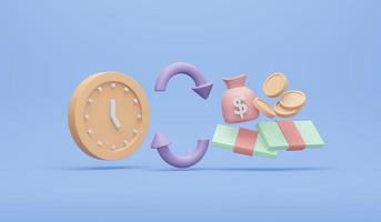 rendu 3d de l'icône de transfert avec élément d'argent et concept d'horloge d'échange de transfert financier sur internet en arrière-plan. style de dessin animé d'illustration de rendu 3d. photo