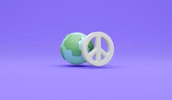 rendu 3d de l'icône du globe et du signe de paix sur le concept d'arrière-plan d'aucune guerre, arrêtez de combattre pour sauver le monde. style de dessin animé d'illustration de rendu 3d. photo