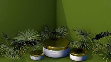 présentoir de podium de présentation de produit maquette de rendu 3d avec feuille verte dans une salle de nature verte texture dorée photo