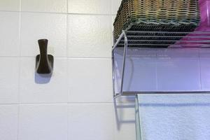 mur de la salle de bain avec un porte-serviettes et quelques accessoires. photo