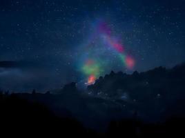 galaxie de la voie lactée, sur une photographie à longue exposition de haute montagne, avec grain. l'image contient un certain grain ou du bruit et une mise au point douce. photo