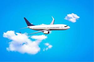 avion de passagers blanc avec nuages sur fond bleu. la notion de voyage photo