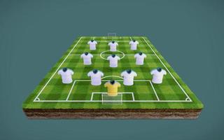 terrain de football et maillots de football vierges avec formation 4-3-3 rendu 3d photo