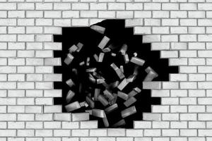 mur de briques blanches tombant en faisant un trou. fond noir photo