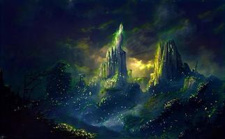 forêt magique et montagnes arrière-plans site de jeu monde fantastique photo