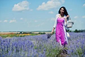 belle fille indienne porte une robe traditionnelle indienne saree dans un champ de lavande violette. photo